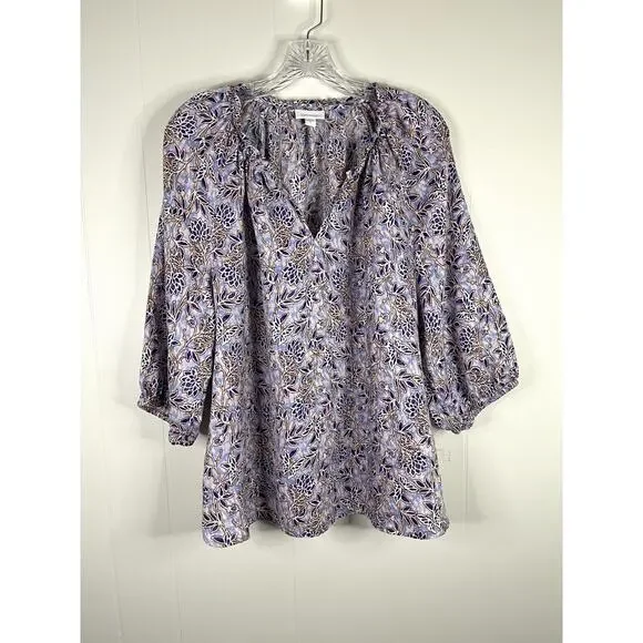 J Jill Love Linen Blouse Top XL Relaxed Printed Lagenlook Coastal Boho Peasant - Picture 1 of 14